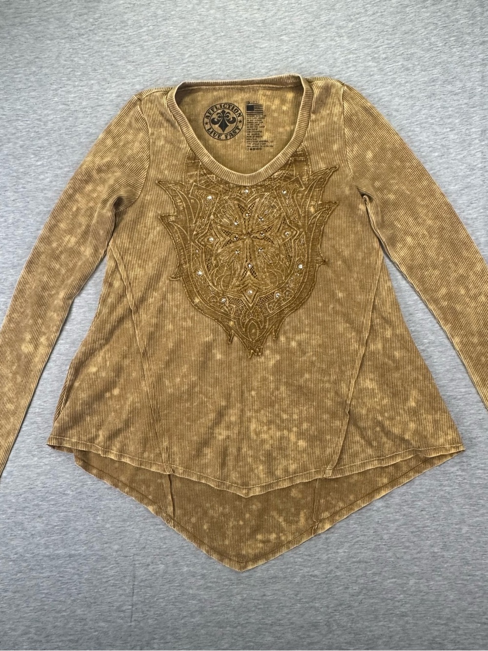 Affliction Newport Hollow Washed Thermal Top Women's S Apple Cinnamon Hi Low L/S